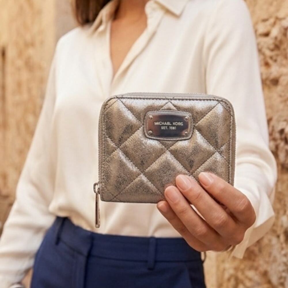Michael Kors Hamilton Quilt zip-around wallet metallic pewter leather quilted